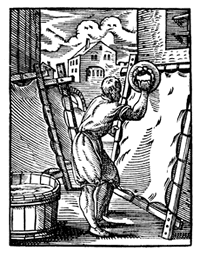 een perkamentmaker schraapt de vacht van een grote dierenhuid (prent uit 1568)
